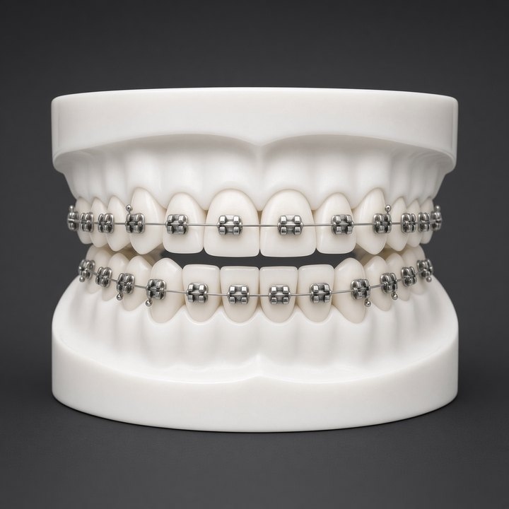 Modelo dental con brackets metálicos